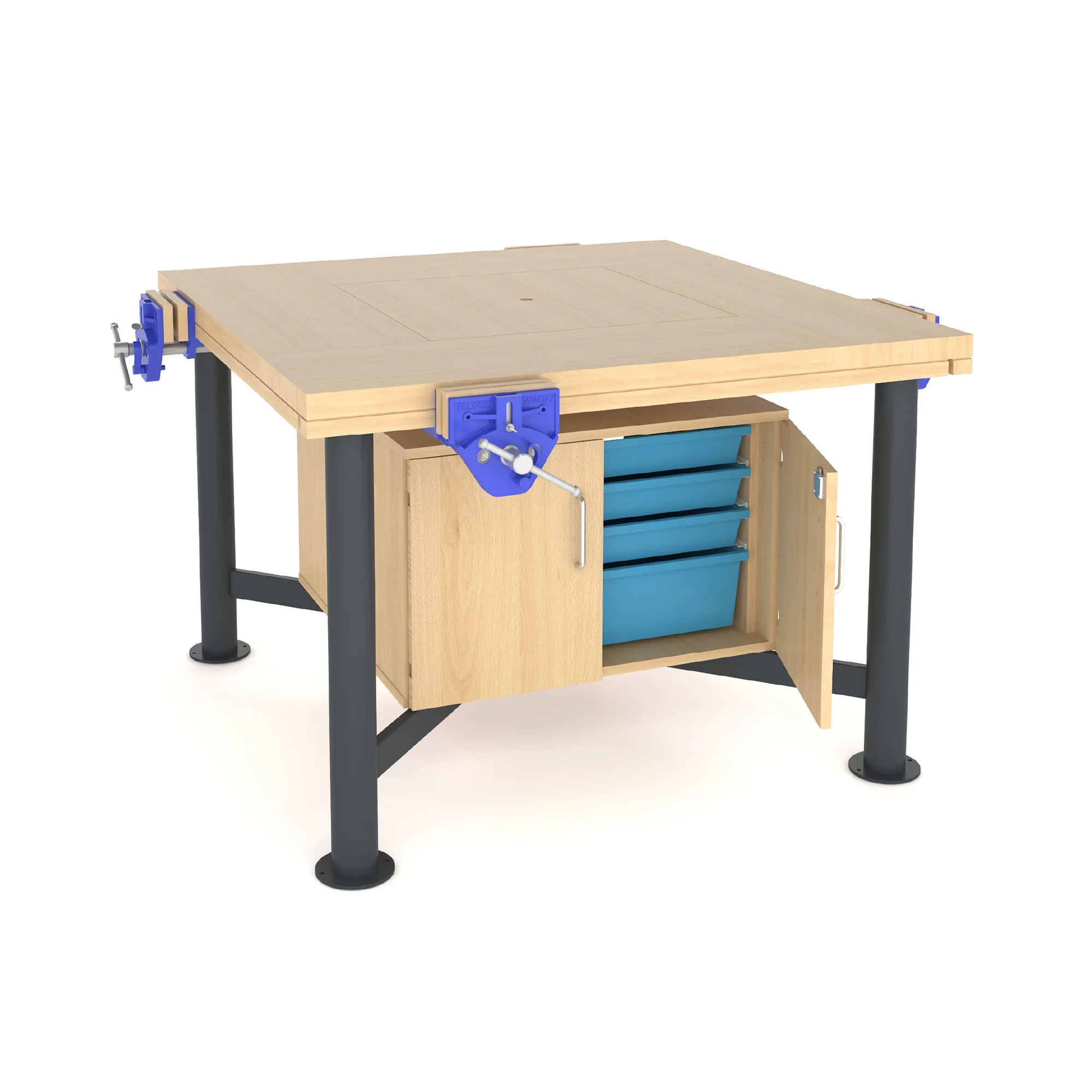 Craftwork 2000 Beech Top Woodworking Bench, w/ Legroom Cupboard, 4 Woodworking Vices