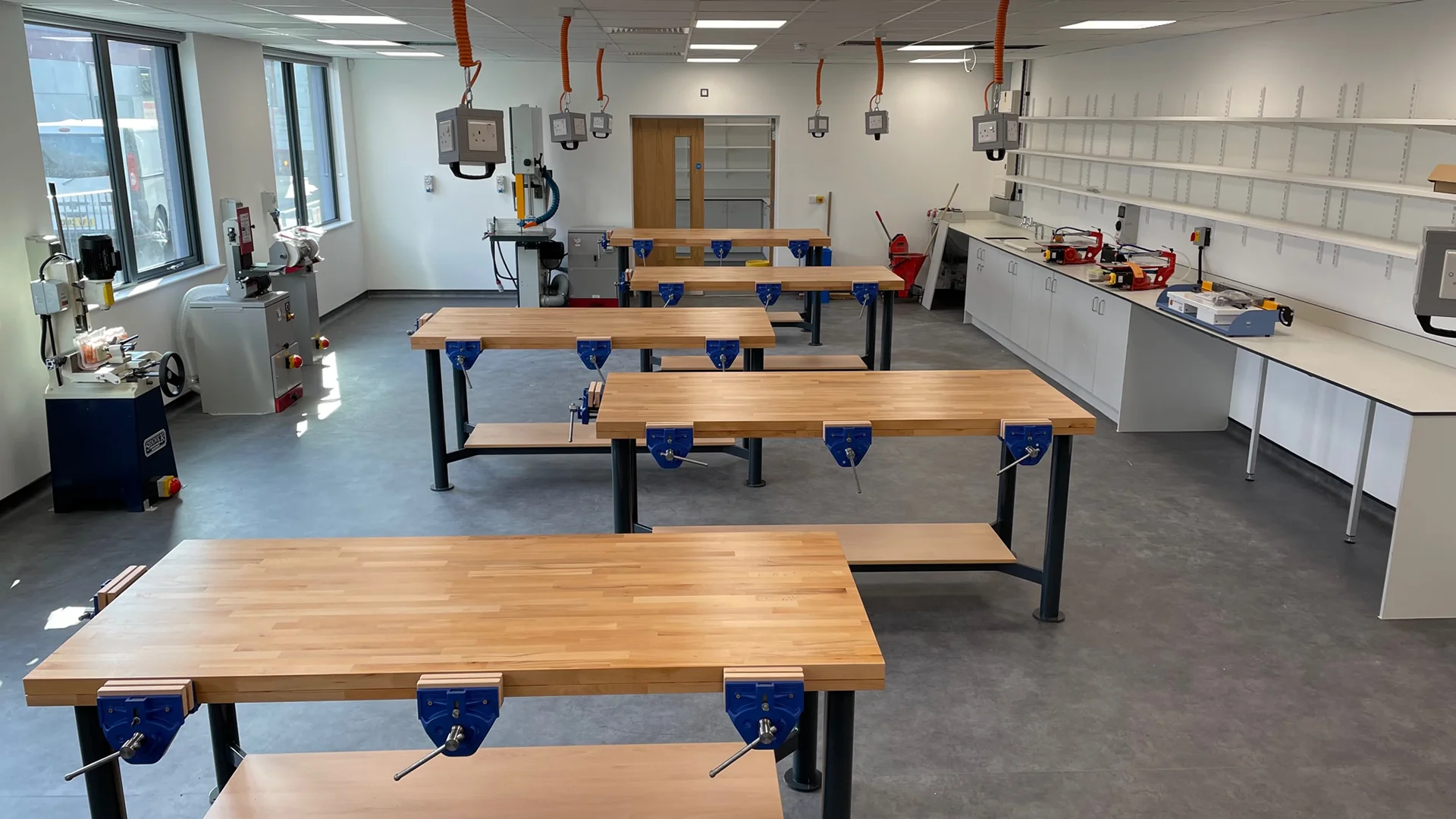 Design and Technology workshop at Colne Community School fitted with bespoke D&T workbenches. Refurbished secondary school D&T workshops with British-made Craftwork benches.