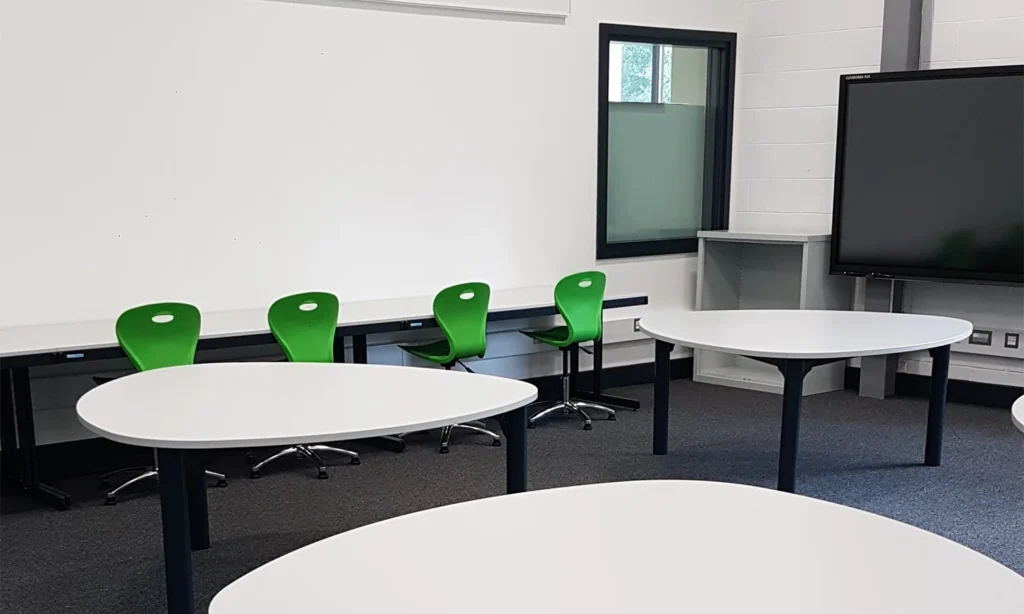 Design theory classroom positioned next to D&T workshops at Oundle School