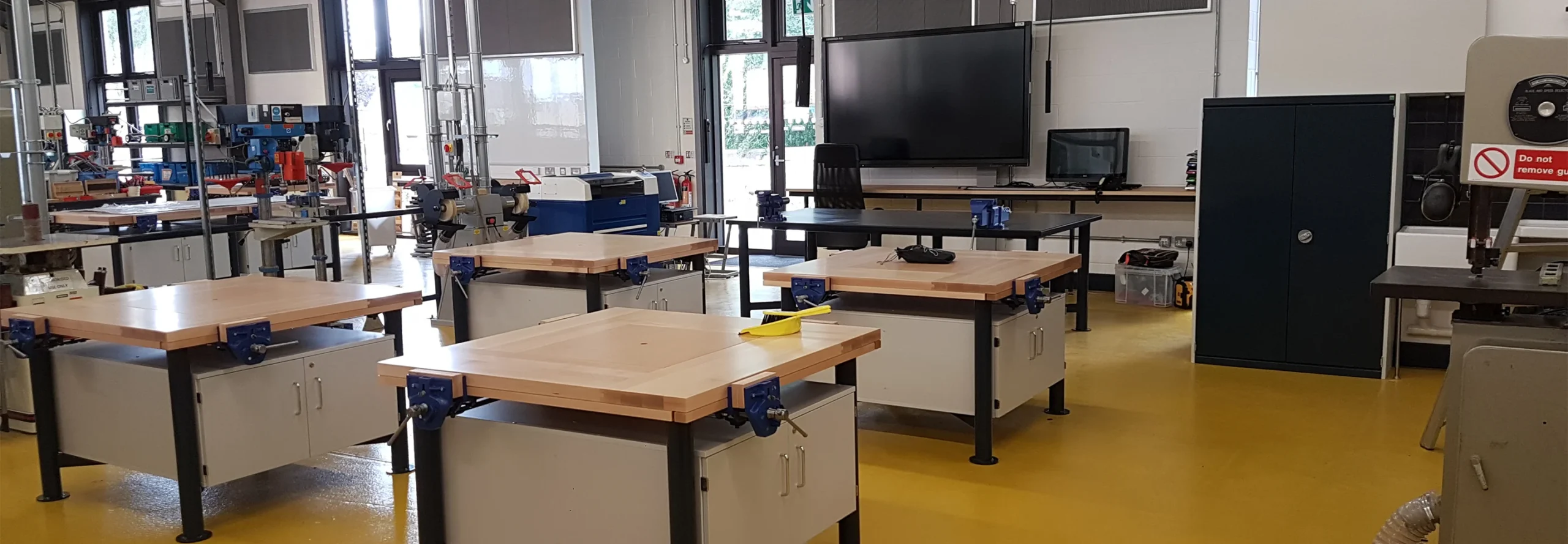 Design and Technology workshop at Oundle School’s Patrick Engineering Centre featuring bespoke craftwork workbenches
