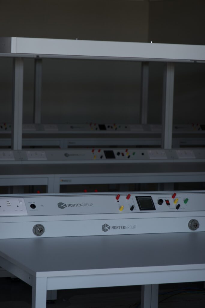 electronics workbenches in a specialist electronics classroom