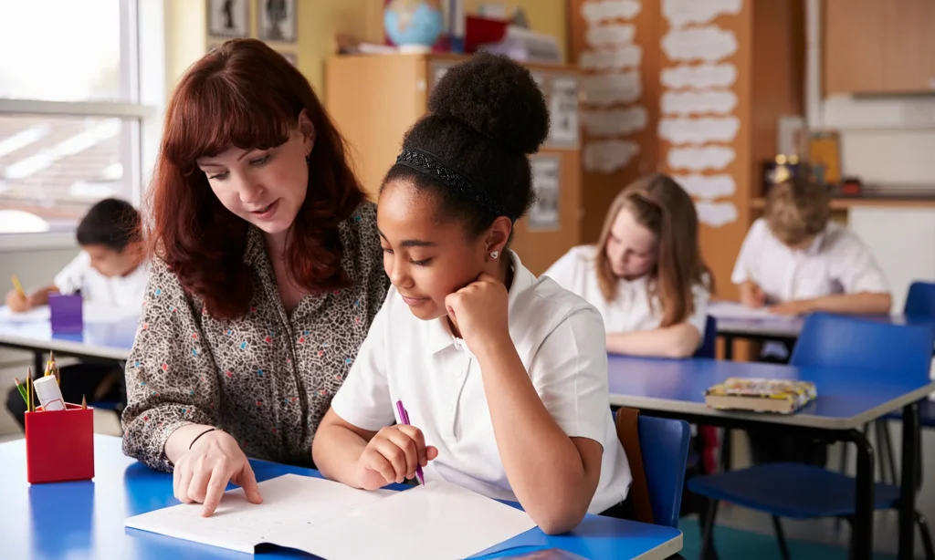 A teacher helping a pupil at her school desk