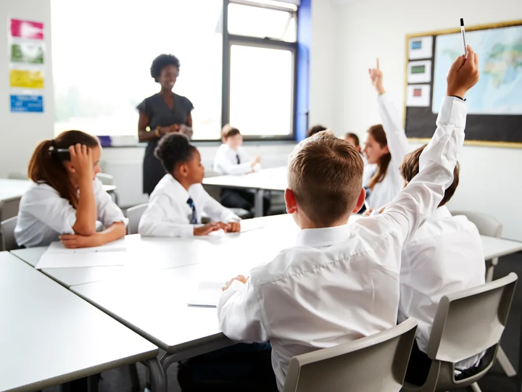 Pupils engaging in a class from their school desks
