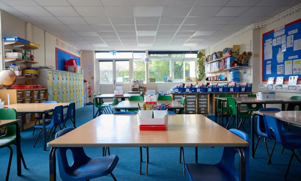 classroom desks in empty primary school classroom