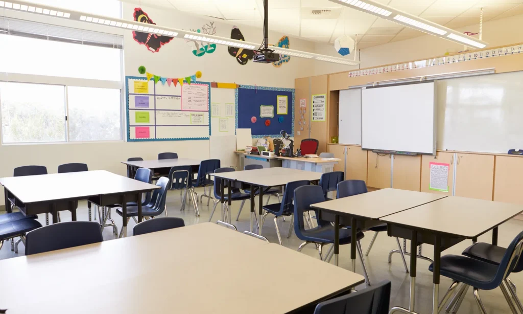 classroom with collaborative desk layout