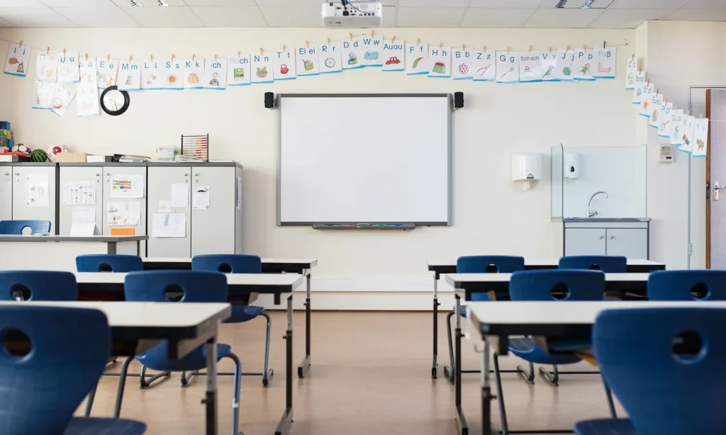 classroom desks facing front of classroom