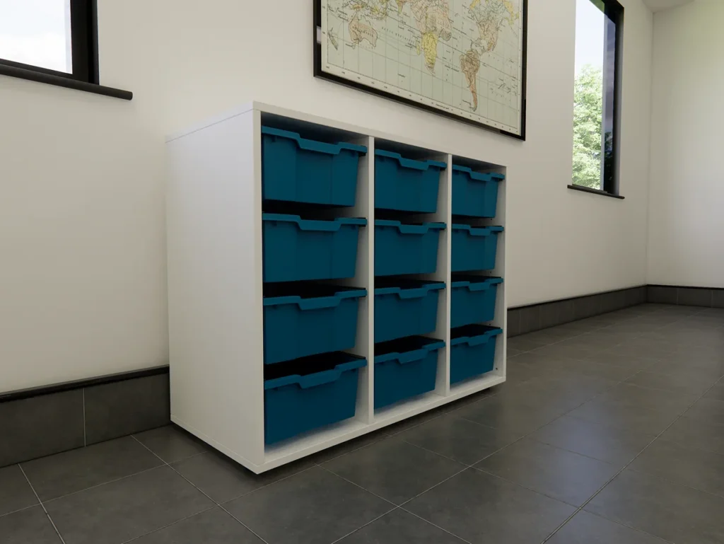 blue school trays in a classroom