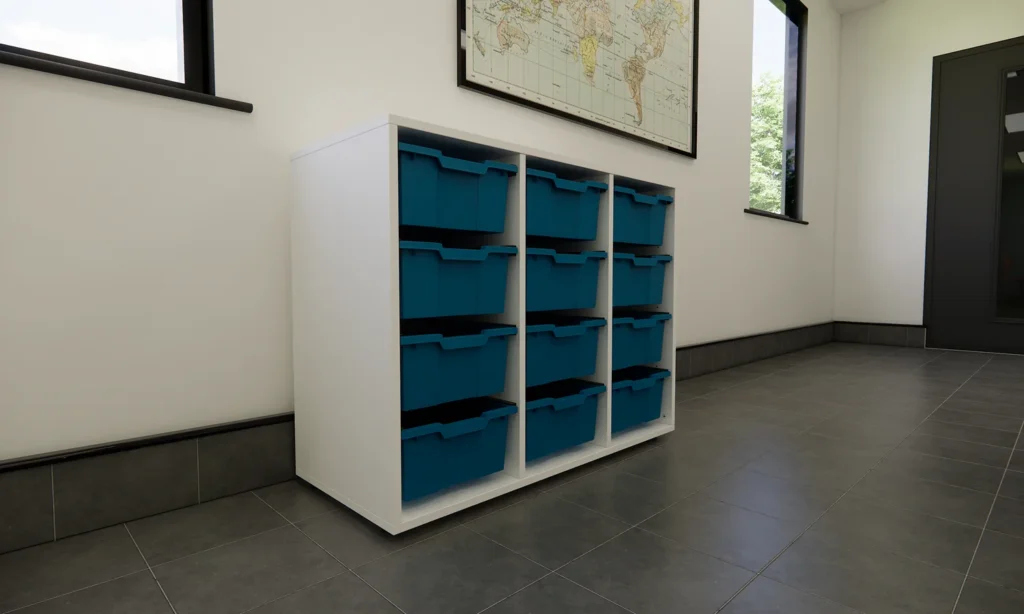 blue school trays storage unit